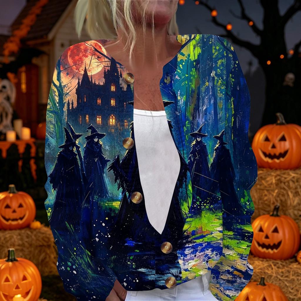 Womens Halloween Print Long Sleeve Knit Cardigan Button Up Sweater Coat Lightweight Casual Outerwear for Fall and Winter