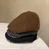 Versatile Retro Splicing Plaid Forward Hat Female Autumn and Winter Big Head Circumference Showing Face Small Newsboy Painter Hat Male
