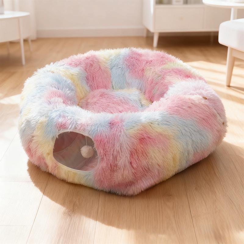 Plush Winter Cat Tunnel Bed - Warm, Foldable Pet Nest