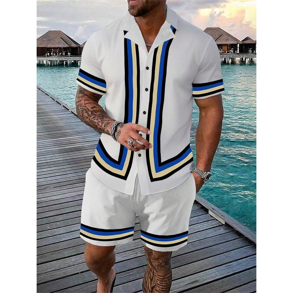 2024 New Men's Beach Wear 2-Piece Quick Drying Hawaiian Shirt and Shorts Set Summer Men's Fashion Striped Print Casual Wear