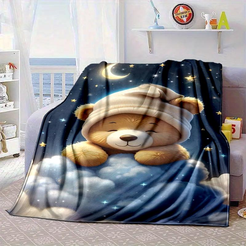 Teddy Bear Night Sky Blanket Flannel Blanket for Bed, Sofa, Camping, Hiking, Picnic Essentials, Gift for Family Fan Gifts