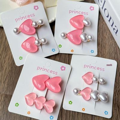 Exquisite Pink Heart Pearl Hair Clips for Side and Forehead Bangs