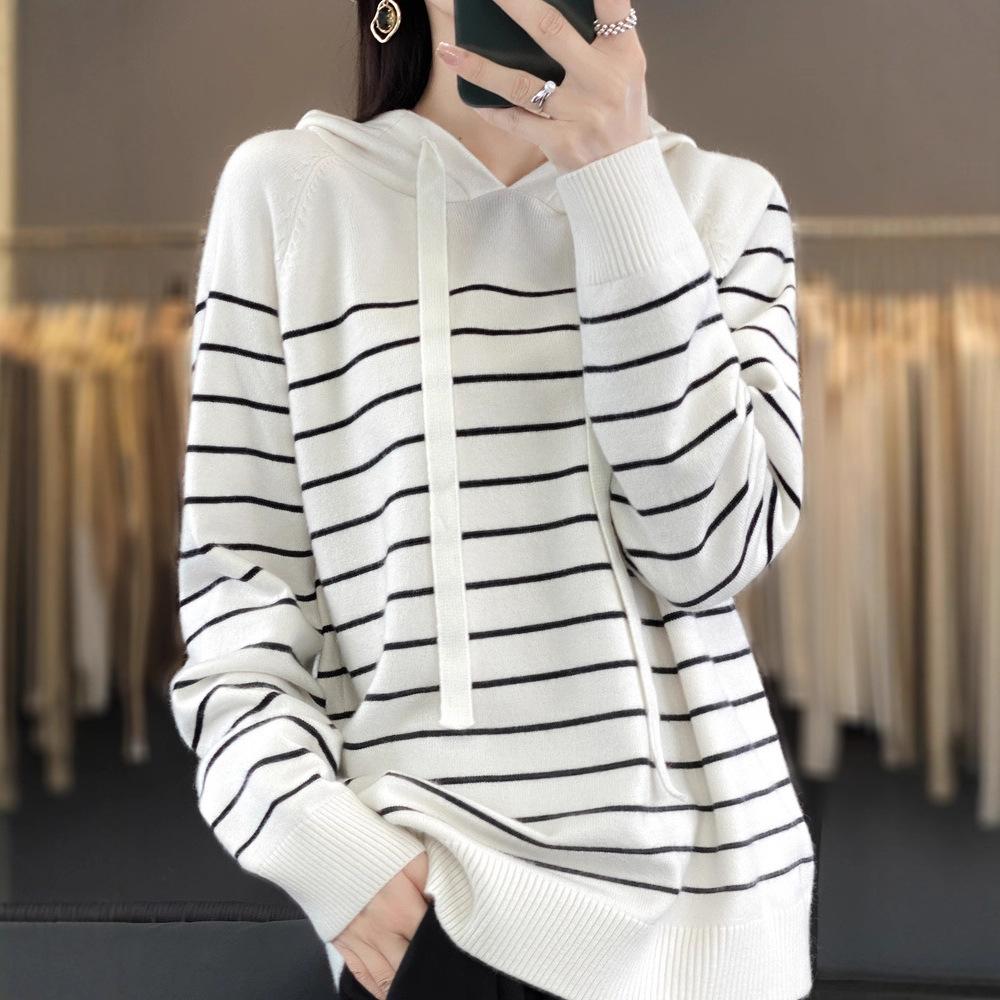 DAFIFY Women's Fashion Casual Fall Winter Stripe Print Long Sleeve Hooded Sweaters
