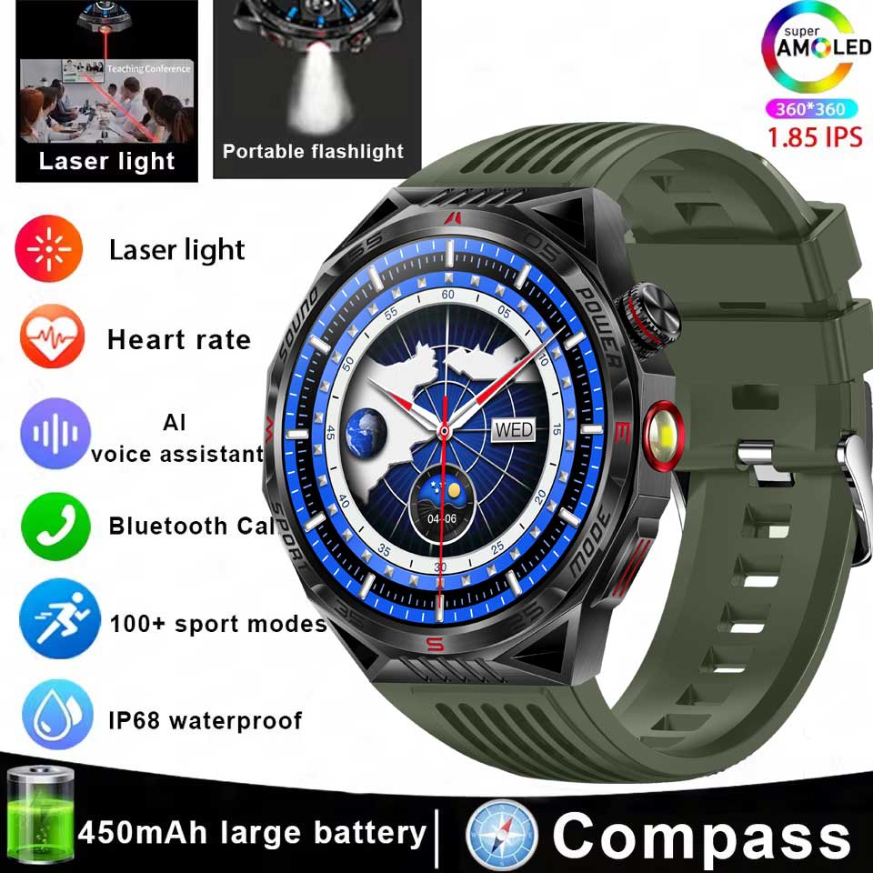 Outdoor Sport Compass Smartwatch Men Flashlight Laser Light 450mAh Battery GPS Sport Track Waterproof Bluetooth Call Smart Watch