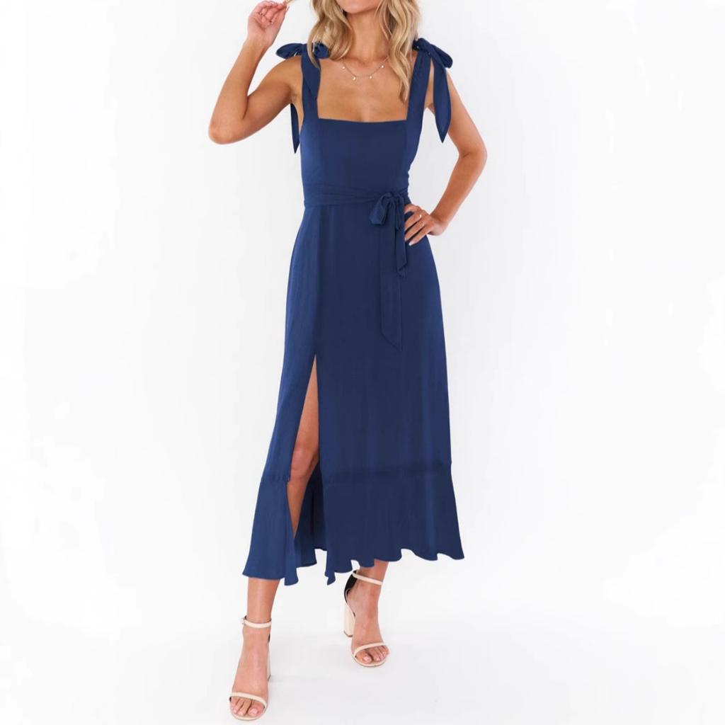 Summer New French Style Dress for Women, Elegant Sexy Lace Up Split Midi Dress, European American Fashion Women's Cocktail Dress