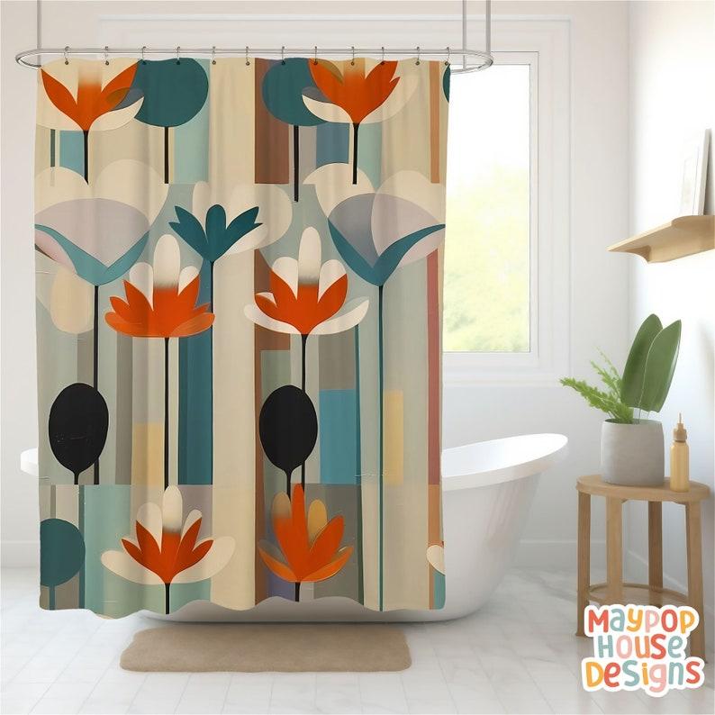 Retro Mid Century Modern Duschvorhang, Orange Türkis Beige Badezimmerdekor, Atomzeitalter Badezimmervorhang