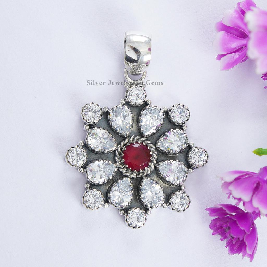 Cubic Zirconia and Red Ruby Pendant, 925 Sterling Silver Pendant, Multi Stone Cluster Pendant, Anniversary Pendant, Designer Boho Pendant