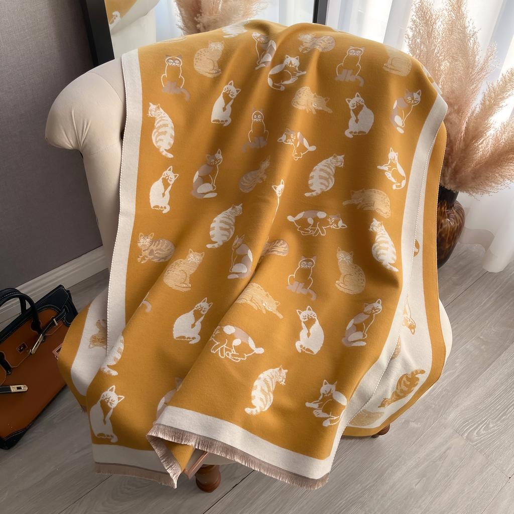 Latest Animal Jacquard Kitty Scarf Imitation Cashmere Soft Warm Fringe Shawl Autumn Winter Coldproof Windproof Blanket Scarf