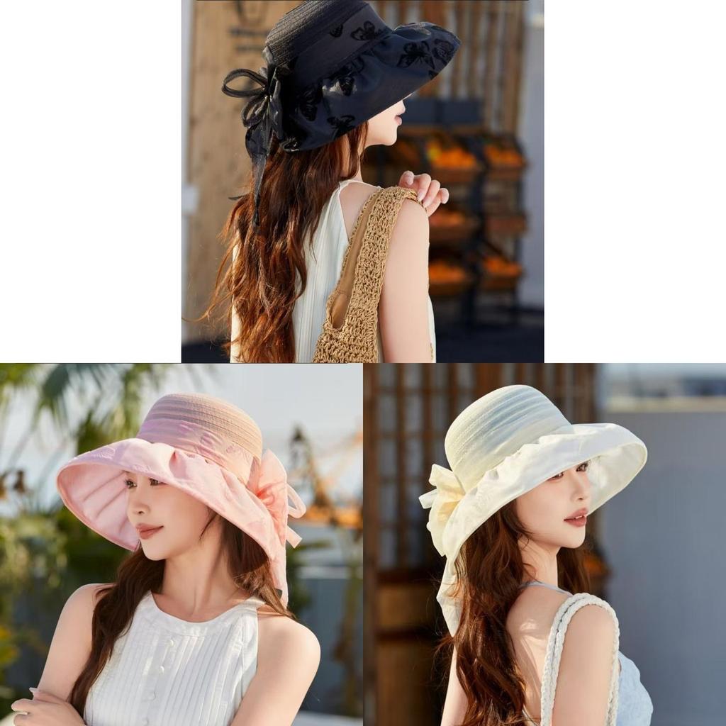 Summer Sun Protection Hat For Women With Butterfly Bow And Floral Pattern Polyester Material