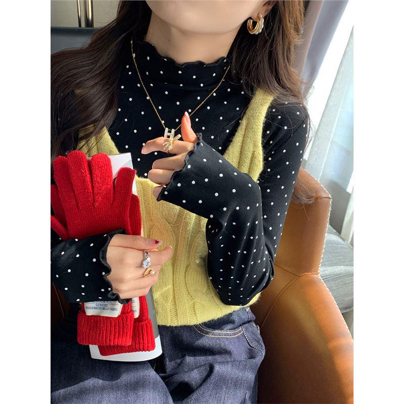 

Women s Polka Dot Ruffle Flannel High-Neck Base Layer Top - 2024 Autumn/Winter Plus Velvet Thickened Undershirt Medium