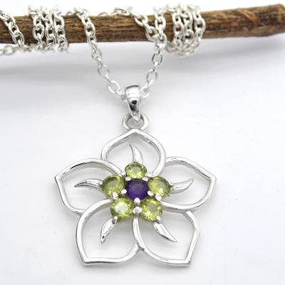 Round Cut Peridot & Amethyst (1.1 Cts) Flower Design Pendant Necklace Solid 925 Sterling Silver Gemstone Pendant with Chain Jewelry For Women or Girl