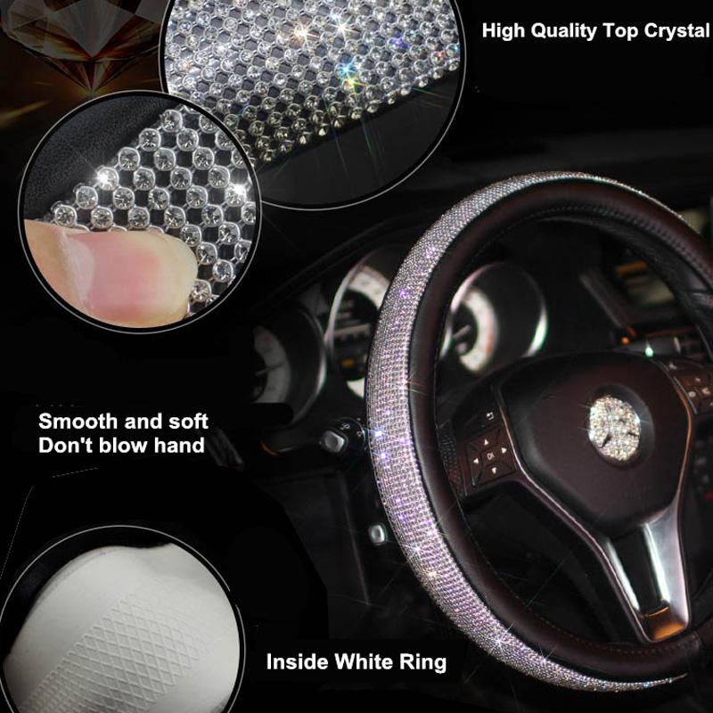 Diamond Crystal Car Steering Wheel Covers Rhinestone Leather Auto Steering-Wheel Cover Car Interior Accessories For Girls Ladies