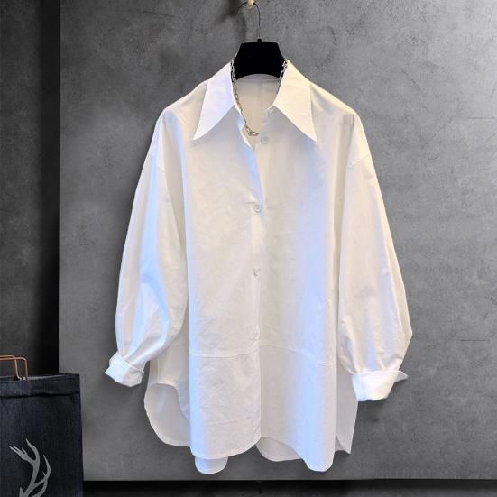 Women's Shirt Cotton Long Sleeve Loose Fit Blouse Solid Color Pointed Lapel Collar Spring Autumn Shirt for Parties Travel Work