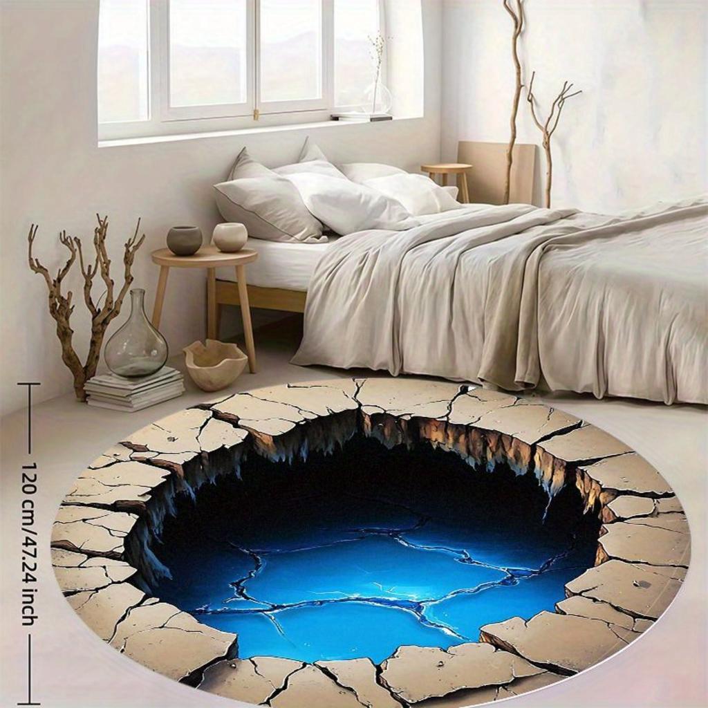 3D Illusion Crack Hole Abyss Round Rug Realistic Depth Effect Flannel Carpet For Living Room Gamer Cave Horror Theme Floor Decor