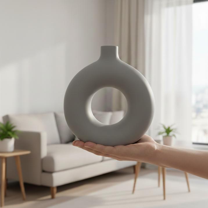 Decorative round vase with a hole, gray, for flowers, minimalist
