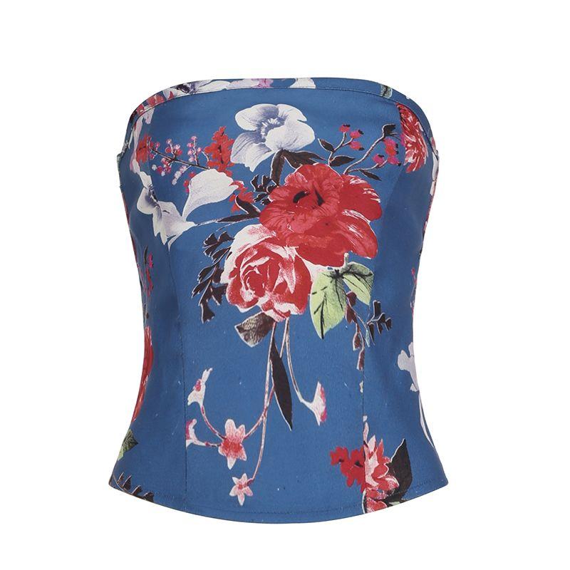 

H Family European and American Women s Clothing Showa Retro Plant Florals Print Waist Girdle Tube Top Vintage Elegant Sexy Tops Blue S