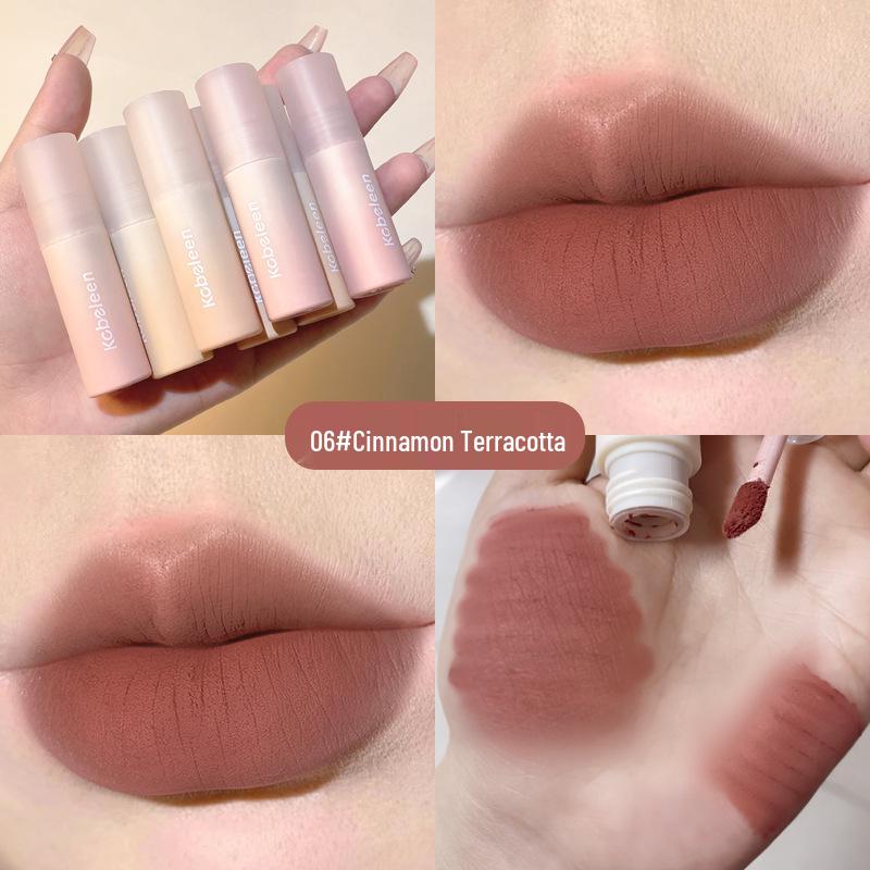 

Kobeleen Little Milk Matte Lip Mud: Nude Whitening Lipstick for Enhancing Complexion and Sweet Kiss finish.