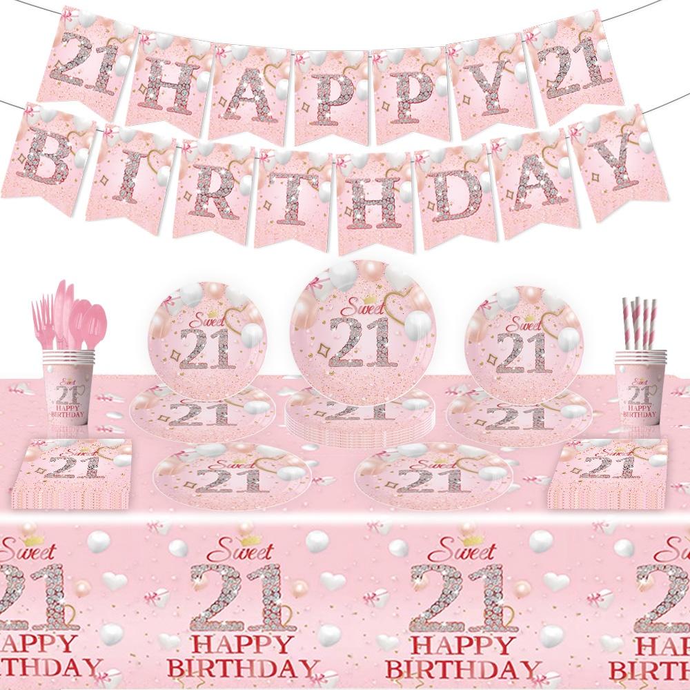 Disposable Party Supplies For 21st Birthday Pink Plates Cups Napkins And Tablecloth Set