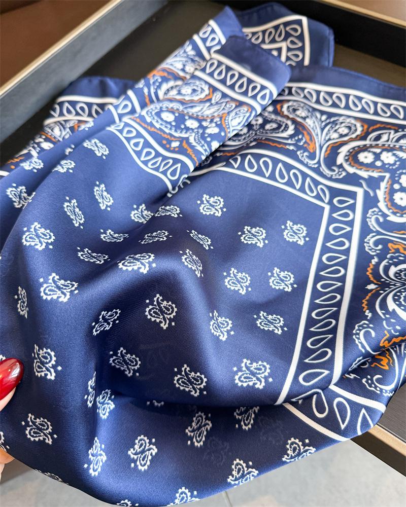 Classic Blue Silk Square Scarf Women Paisley Print Kerchief Satin Hairband Hands Bag Ribbon Foulard Hijab Neckerchief Headband