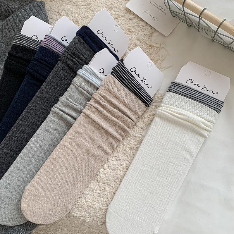 Women's Japanese Style Ribbed Stripe Mid-Calf Socks - Grey Patchwork Fake Two-Piece for Spring/Autumn Versatile Girly Fashion
