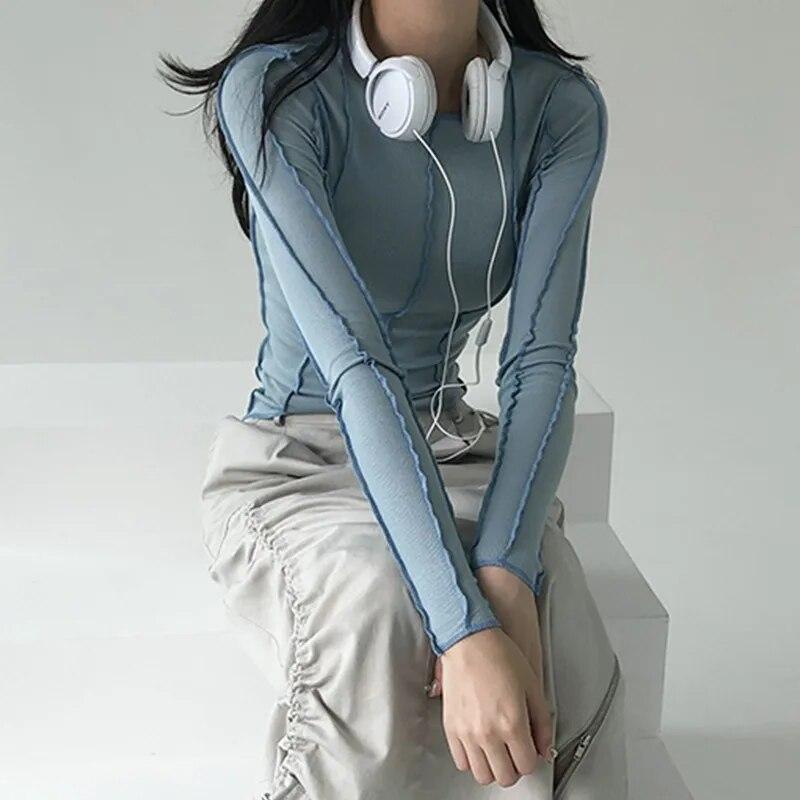 Tricouri cu coaste de modă coreeană Tricouri subțiri cu mâneci lungi șic, haine de designer Kpop, topuri solide, strânse, Y2k