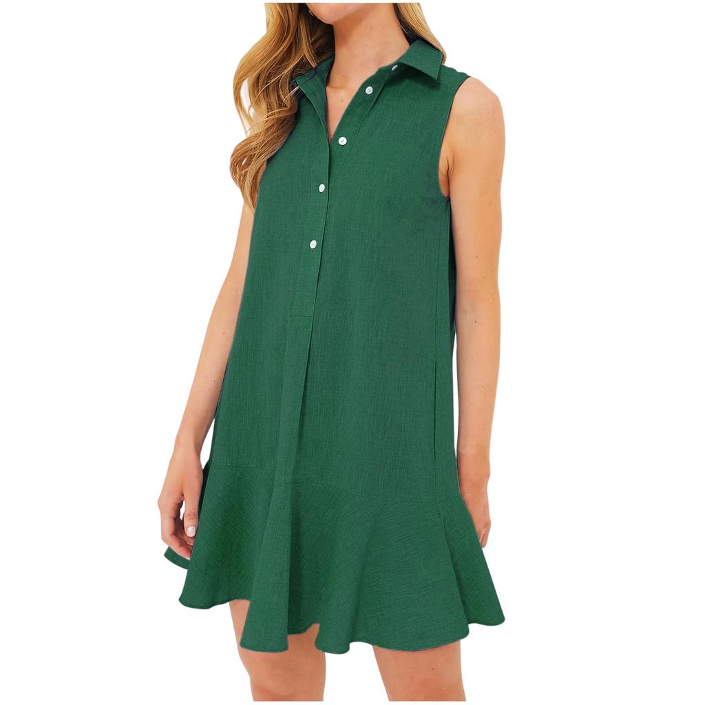 Women's Solided Lapel Sleeveless Nail Open Chest Pleated Ruffled Dress