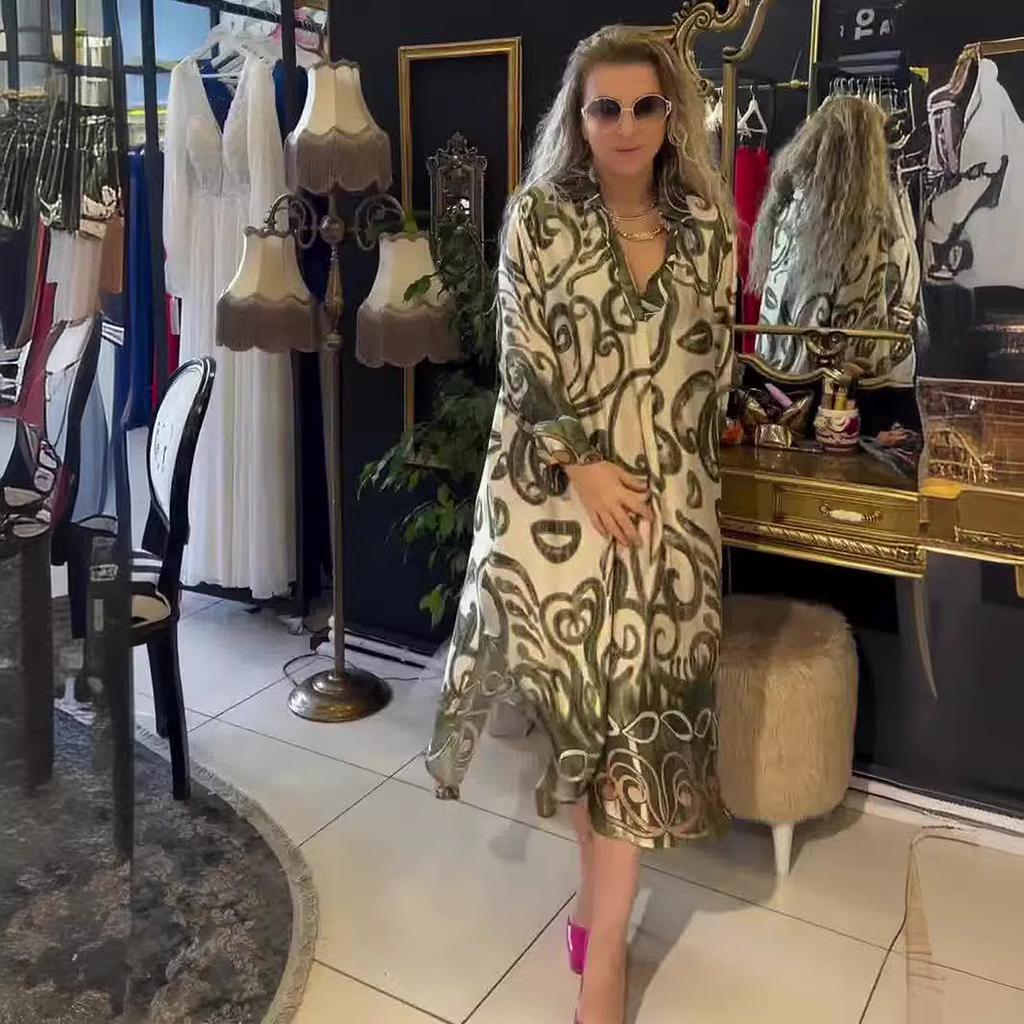 Ladies Floral Print Long Sleeve Maxi Dress Pleated Formal Party Dress