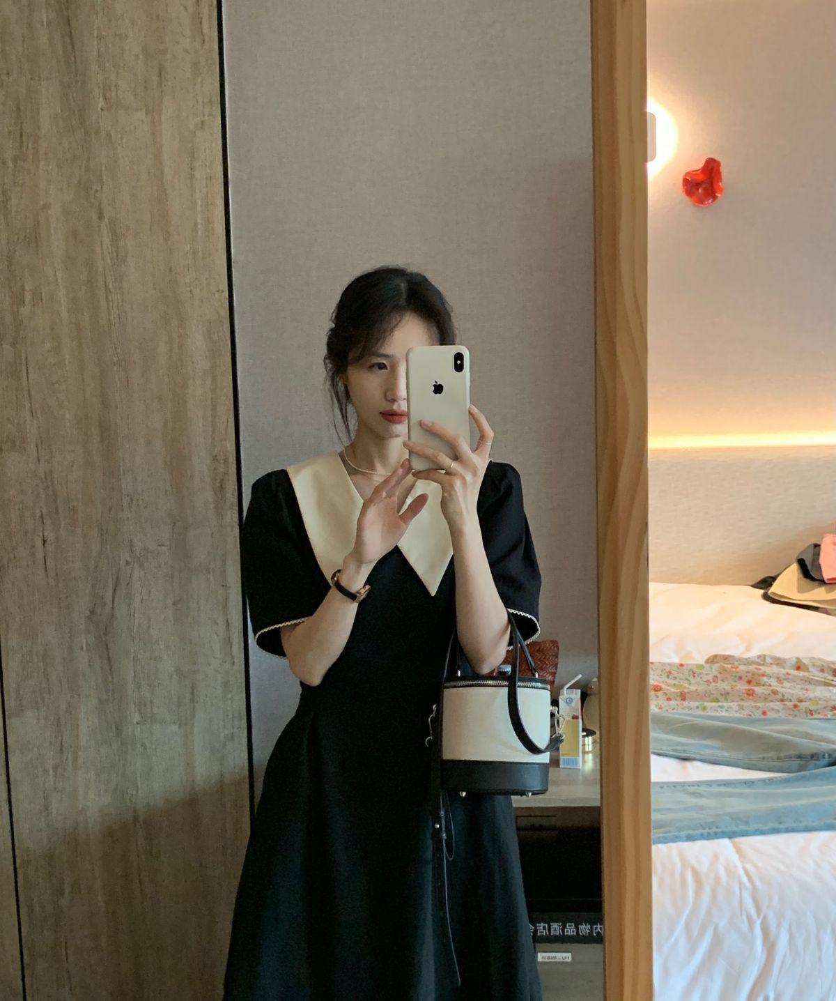 Plus Size French V-Neck Slimming Waist Summer Little Black Dress for Women 2XL