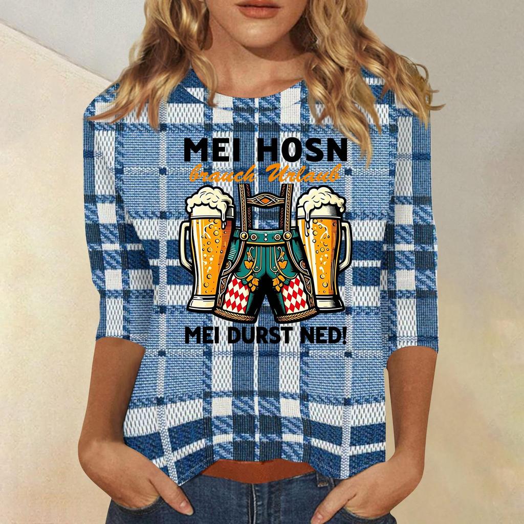 Women's Casual Three Quarter Sleeve Round Neck Shirt Oktoberfest Print Lightweight Comfortable Fit Top for Everyday Wear