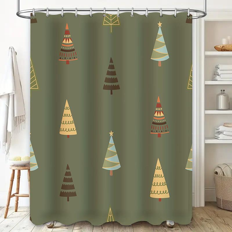 Christmas Tree Shower Curtain SetFestive Decor for Bathroom Multi-colored Patterned Fabric with Hook Rings (Green)