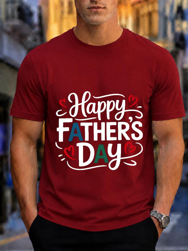 2026 New Arrival 100 Cotton Tshirt Happy Fathers Day Cursive Heart Father Holiday Print Crew Neck Casual Tee