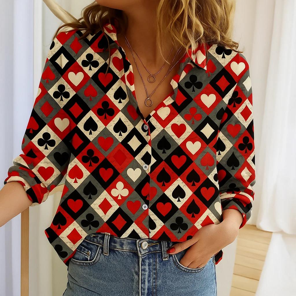 Women Poker Pattern Long Sleeve O-Neck Shirt Fashion New Personalized Blouse Casual Autumn Winter Shirt Female Tops Spring