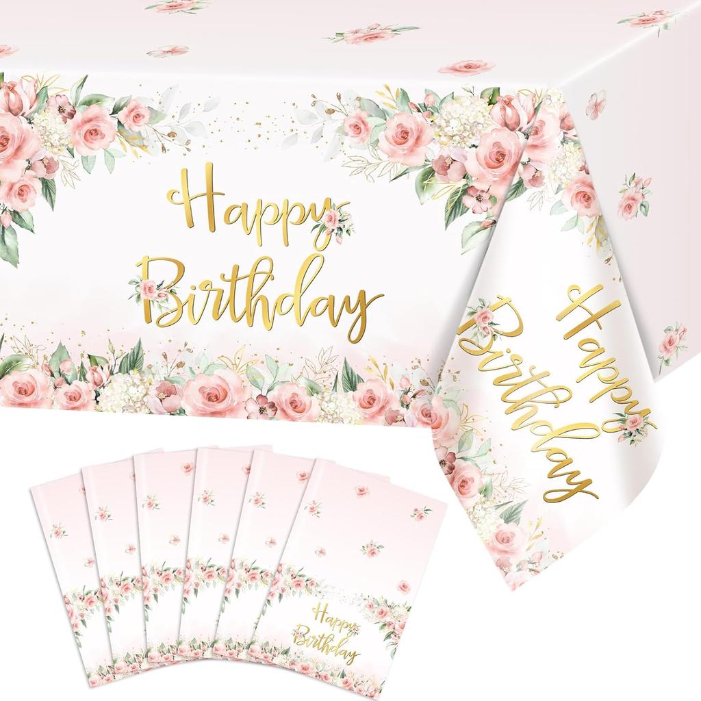 Avezano 3 Pcs Rose Gold Party Decorations Pink Floral Happy Birthday Tablecloths for Girls Women Birthday Party Supplies 108 x 54 Inch