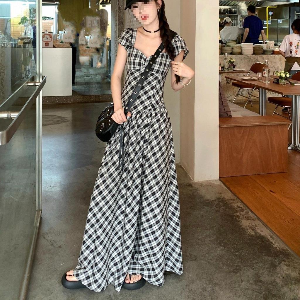 French Retro Plaid Puff Sleeve A-line Dress: Elegant Backless Square Neck Summer Style