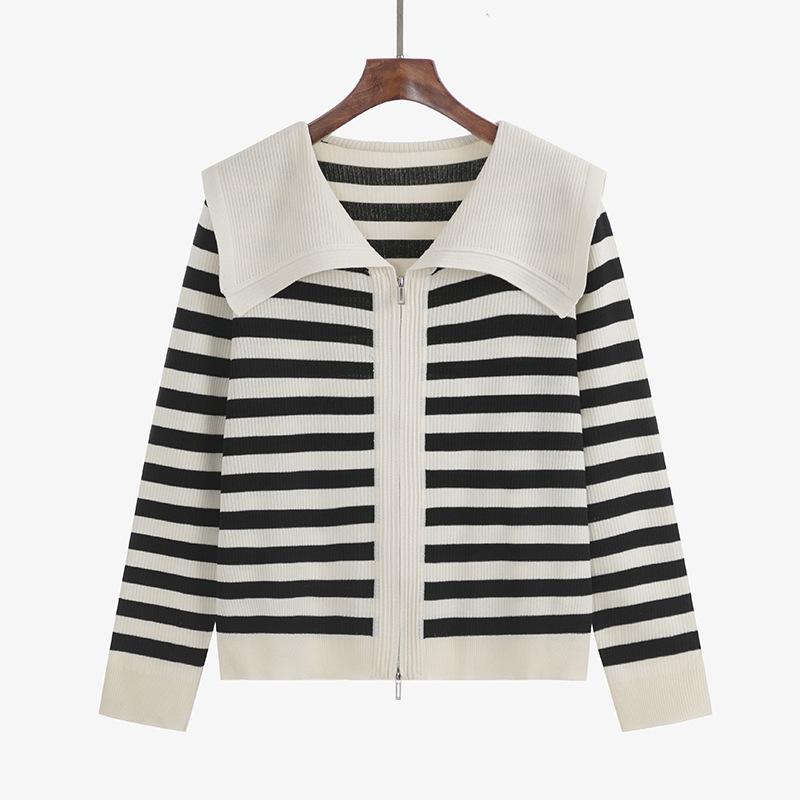 Plus Size Women's Autumn Navy Collar Jacket Top Striped Long Sleeve Knitted Cardigan