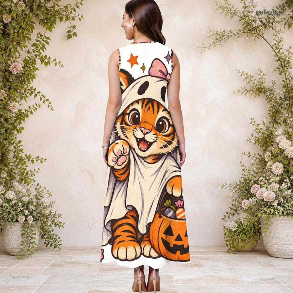 Women Plus Size Round Neck Sleeveless Cartoon Llama Printed A Line Maxi Dress With Side Pockets
