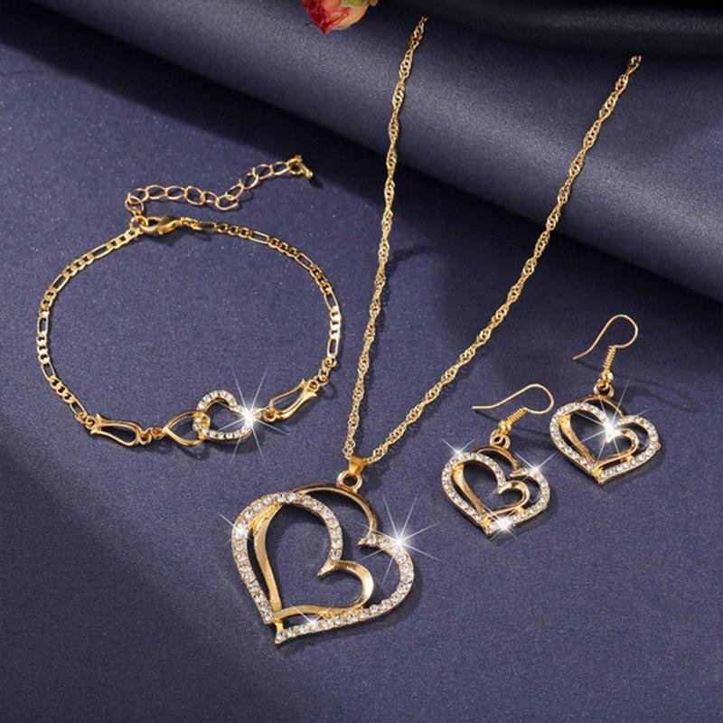 Exquisite Double Heart Necklace Earrings Bracelet Jewelry Set Shiny Zircon Lover Jewelry Bridal Wedding Party Romantic Gifts