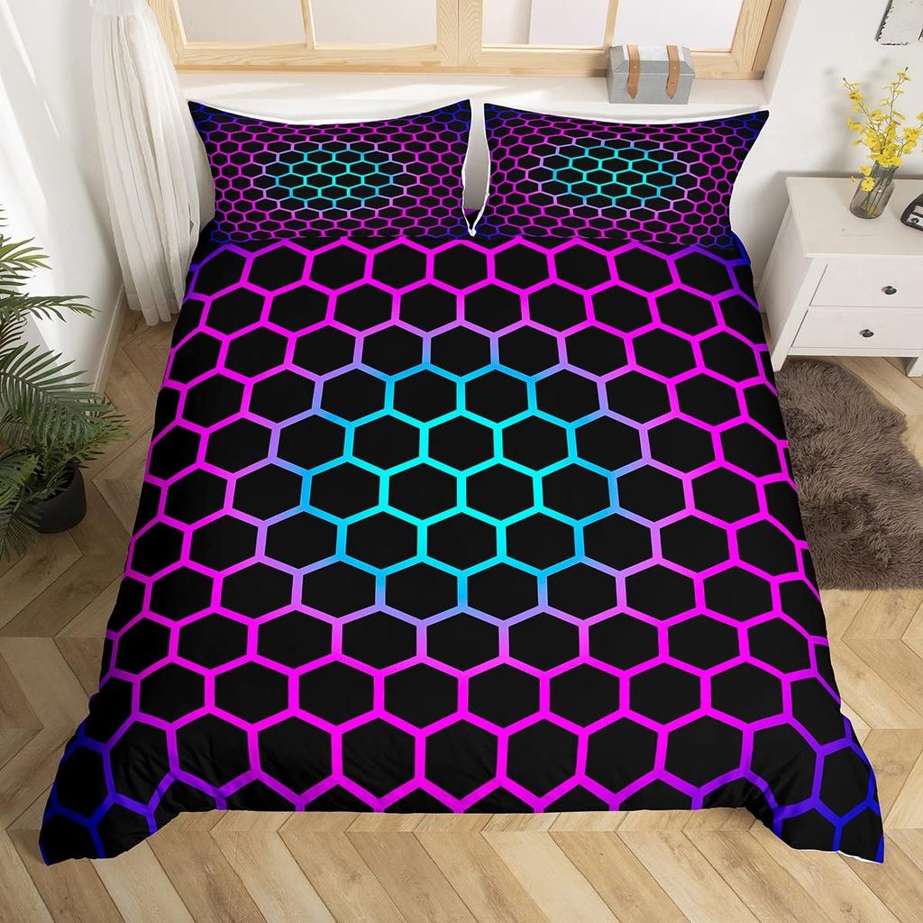 3D Geometric Duvet Cover Set Full Size,Geometry Bedding Sets Honeycomb Hexagon With Pink Blue Neon Lights Comforter Cover Set