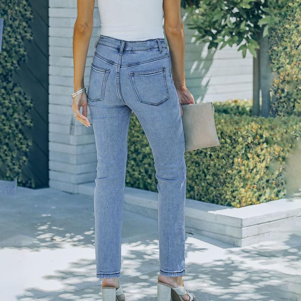 Ladies' Solid Color Casual Pants Versatile Slim Fit Straight Leg Denim Jeans
