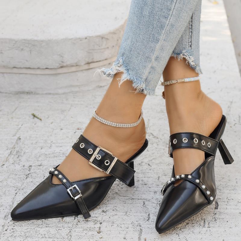 Fashion Summer New Sandals for Women Fashion Pointed Head Shallow Mouth Rivets Metal Buckle A Slip-on Wear-resistant Stiletto Heels