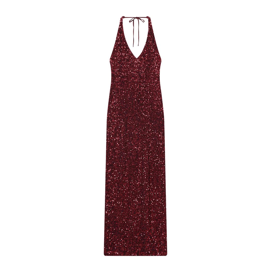 2025 Winter Sleeveless Sequin Off-Shoulder V-Neck Dress - European & American Style S красный