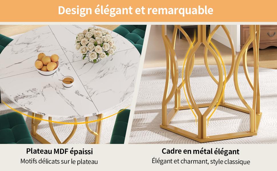 Esstischset (5-teilig), runder Esstisch mit 100 cm Durchmesser und goldenen Metallbeinen, weiße MDF-Tischplatte, Essstühle aus dunkelgrünem Samt