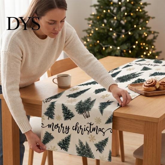 Farmhouse Table Runner Linen Christmas Runner, Winter Reindeer Santa Seasonal Home Decorations Prints, Tabletop Overlay for Holiday Dining Decor
