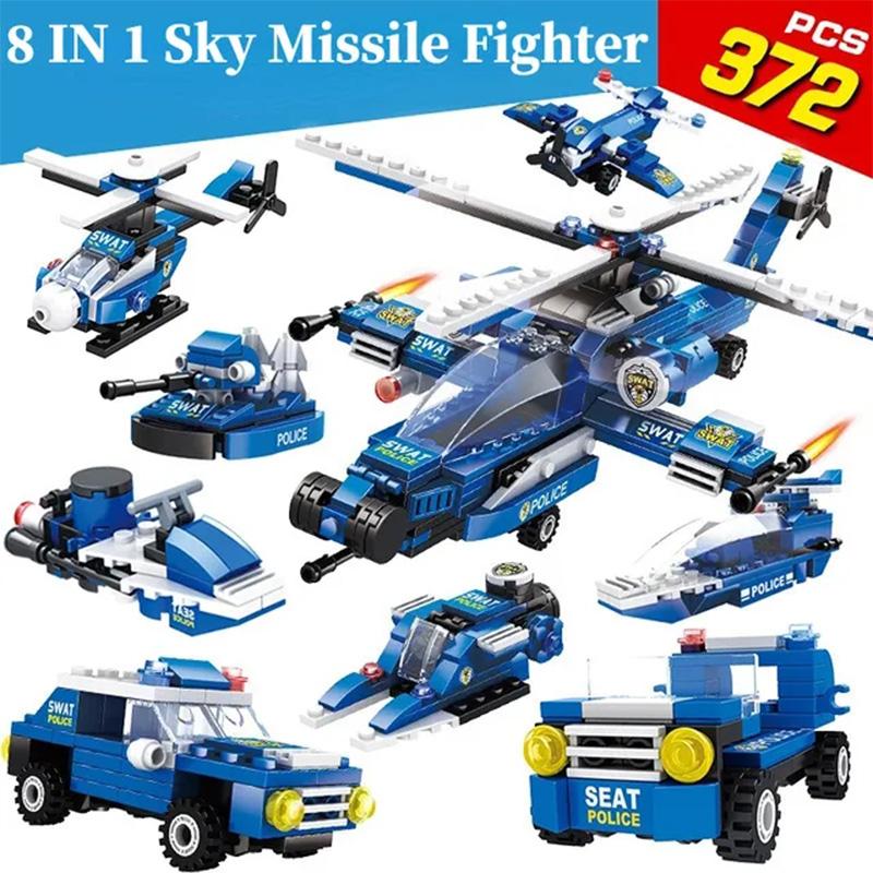 Serie 8in1 City Police Command Truck Building Blocks Policeman Robot Car Helicopter Model Bricks Toys for Children with Box