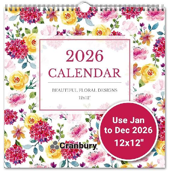 CRANBURY Large 12x12 Wall Calendar 2026 (Seasons), Square Hanging Calendar, 12 Months, Use Jan to Dec 2026, Big Grid, Colorful Seasonal Monthly 2026 цветочный