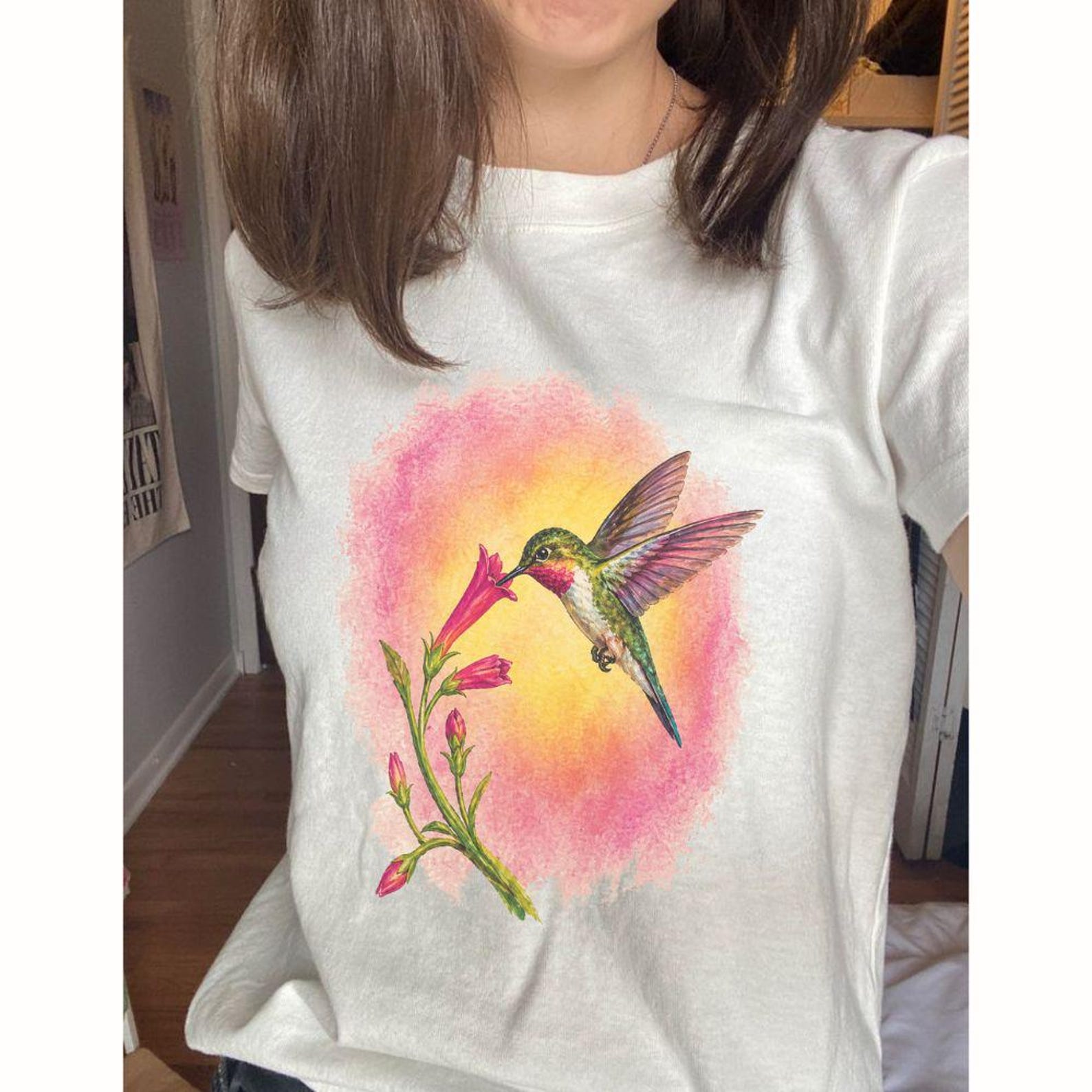 Hummingbird Watercolor Shirt | Floral Bird Tee | Nature Lover Gift | Birdwatcher Tshirt Women 2XL