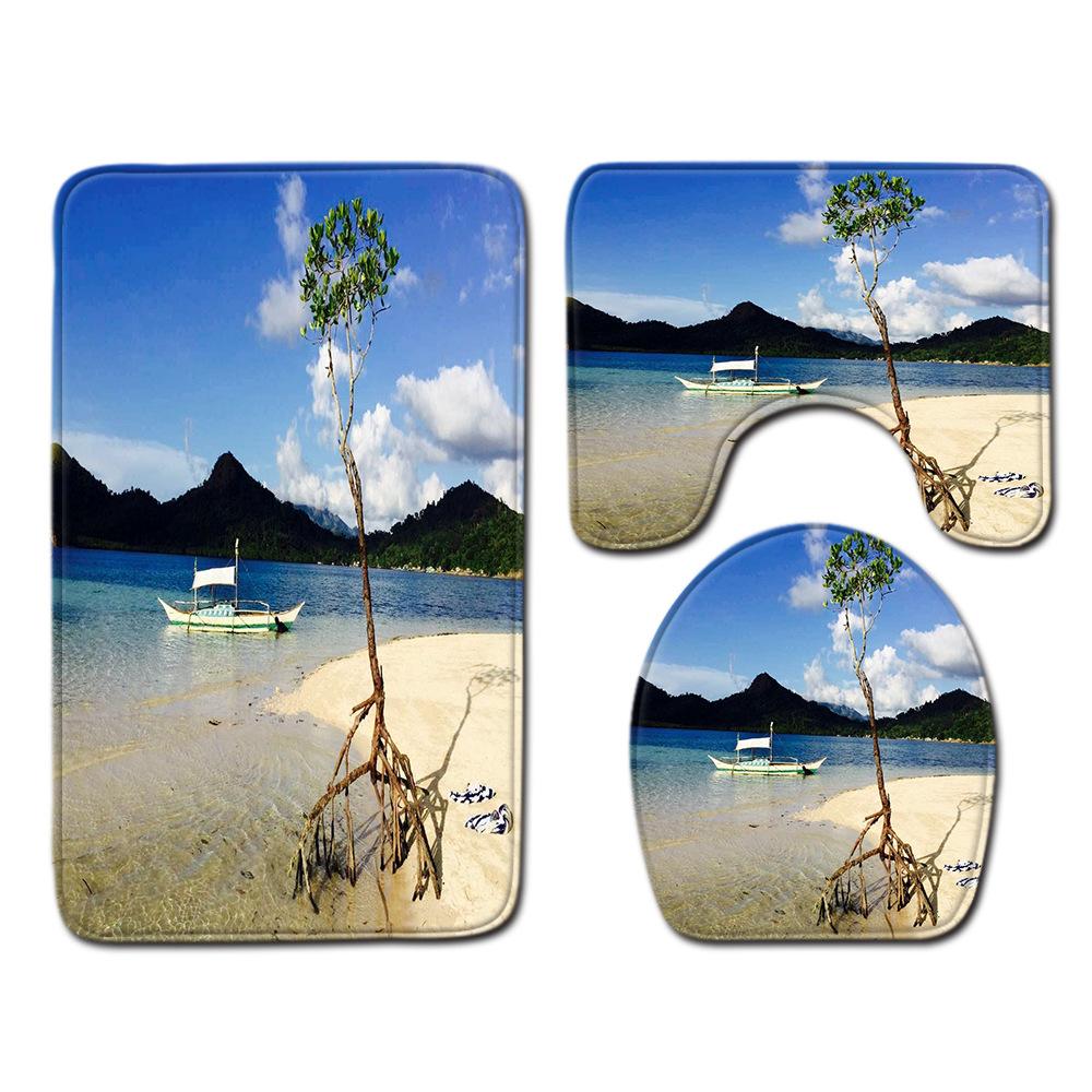 Beach View Bathroom Floor Mat Three-Piece Toilet Carpet Toilet Mat Set Door Mat Bathroom Non-Slip Mat