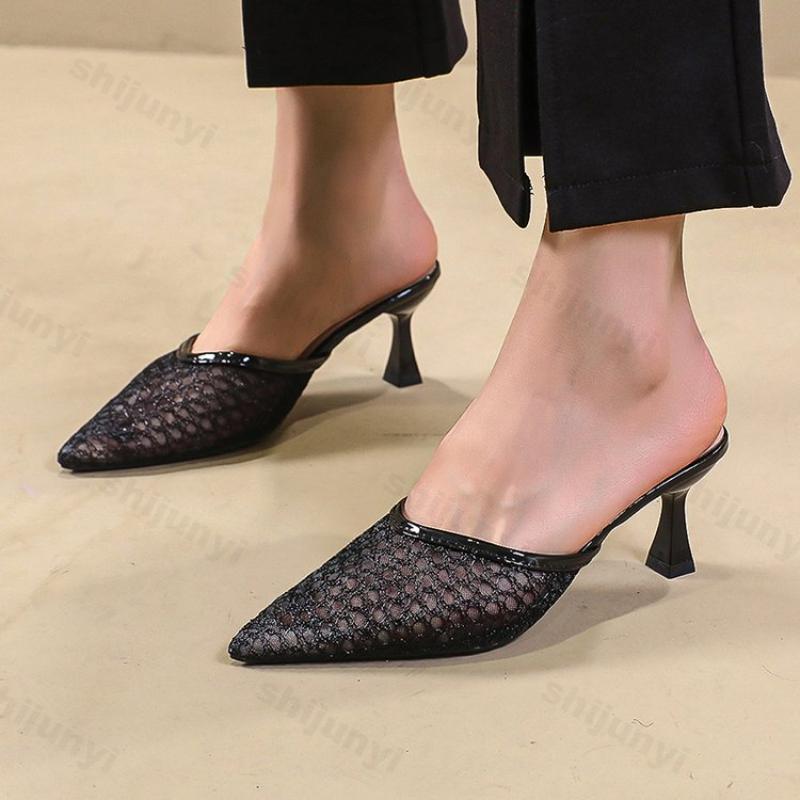 Fashion Women Slippers Summer Pointed Toe Breathable Thin Heels Sandals 2025 Fashion Mesh Closed Toe Outdoor Dress Slippers Plus Size 41