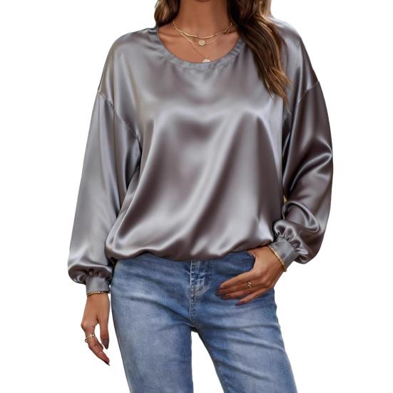 

Жіночі Топи Однотонні З Круглим Вирізом Довгий Рукав Блузка Однотонна Вільний Крій Повсякденна Блузка Для Роботи Вечірки Побачення S
