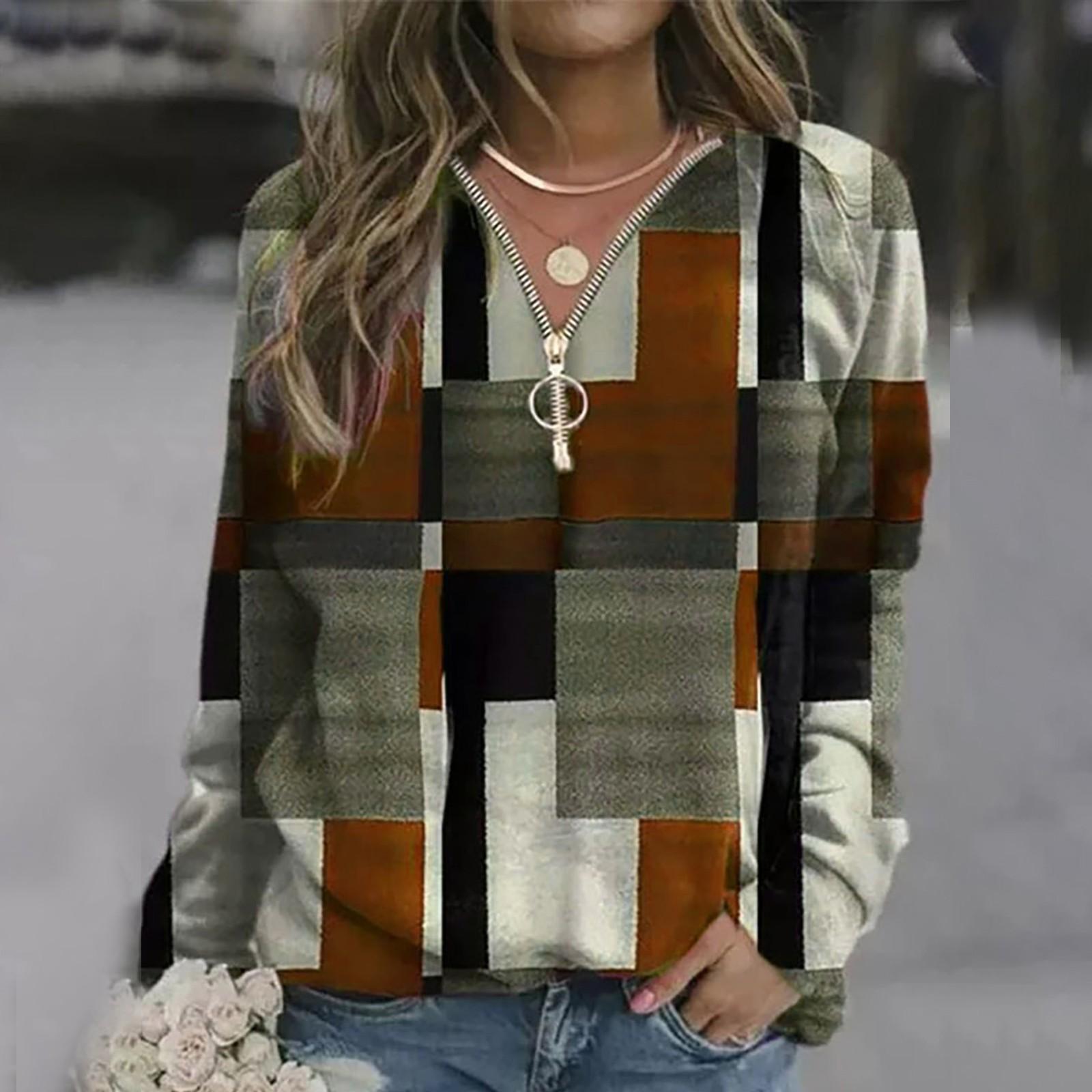 Женский повседневный клетчатый свитер на молнии с длинными рукавами и v-образным вырезом — фото 7